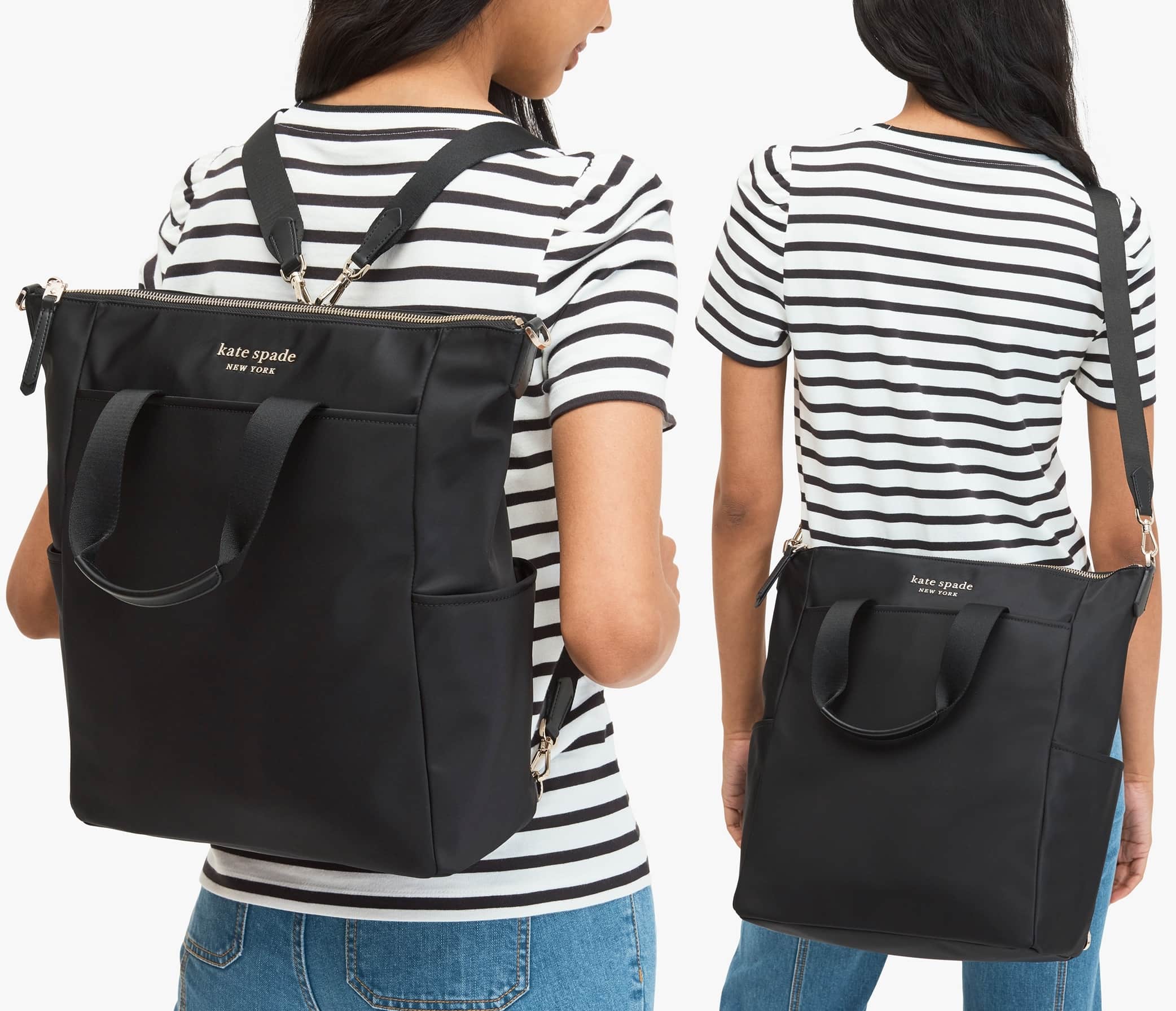 Gleaming hardware and smooth leather trim bring metropolitan-chic style to a glossy nylon backpack that easily converts to a sleek tote or crossbody bag