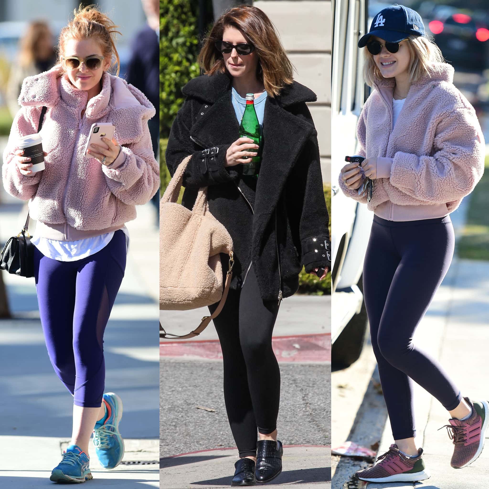 Celebrity Style Spotlight: Isla Fisher, Katherine Schwarzenegger, and Lucy Hale effortlessly combine comfort and chic, pairing their cozy fleece jackets with sleek leggings for a casual yet stylish look