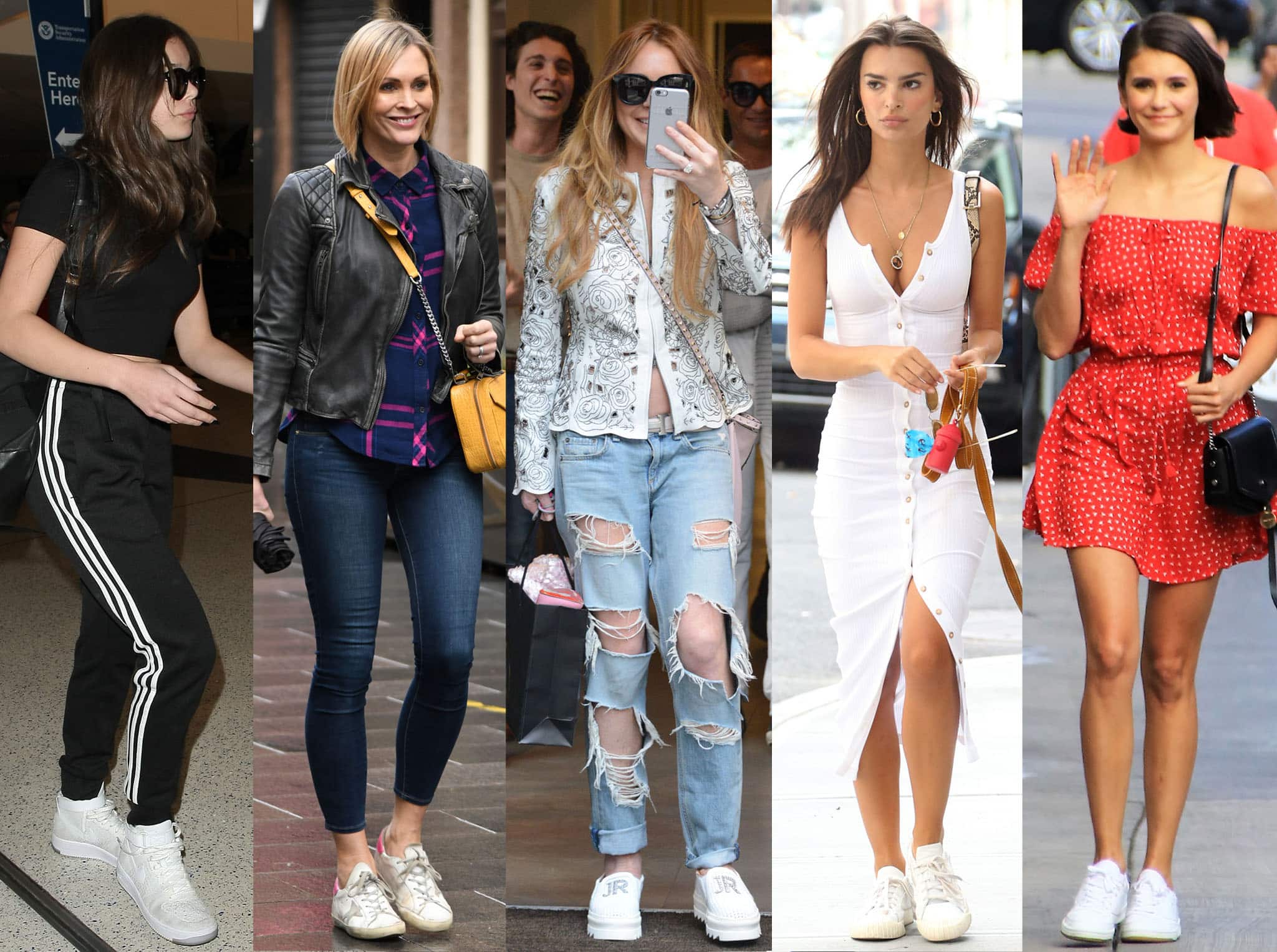 Hailee Steinfeld, Jenni Falconer, Lindsay Lohan, Emily Ratajkowski, and Nina Dobrev show different ways to wear white sneakers