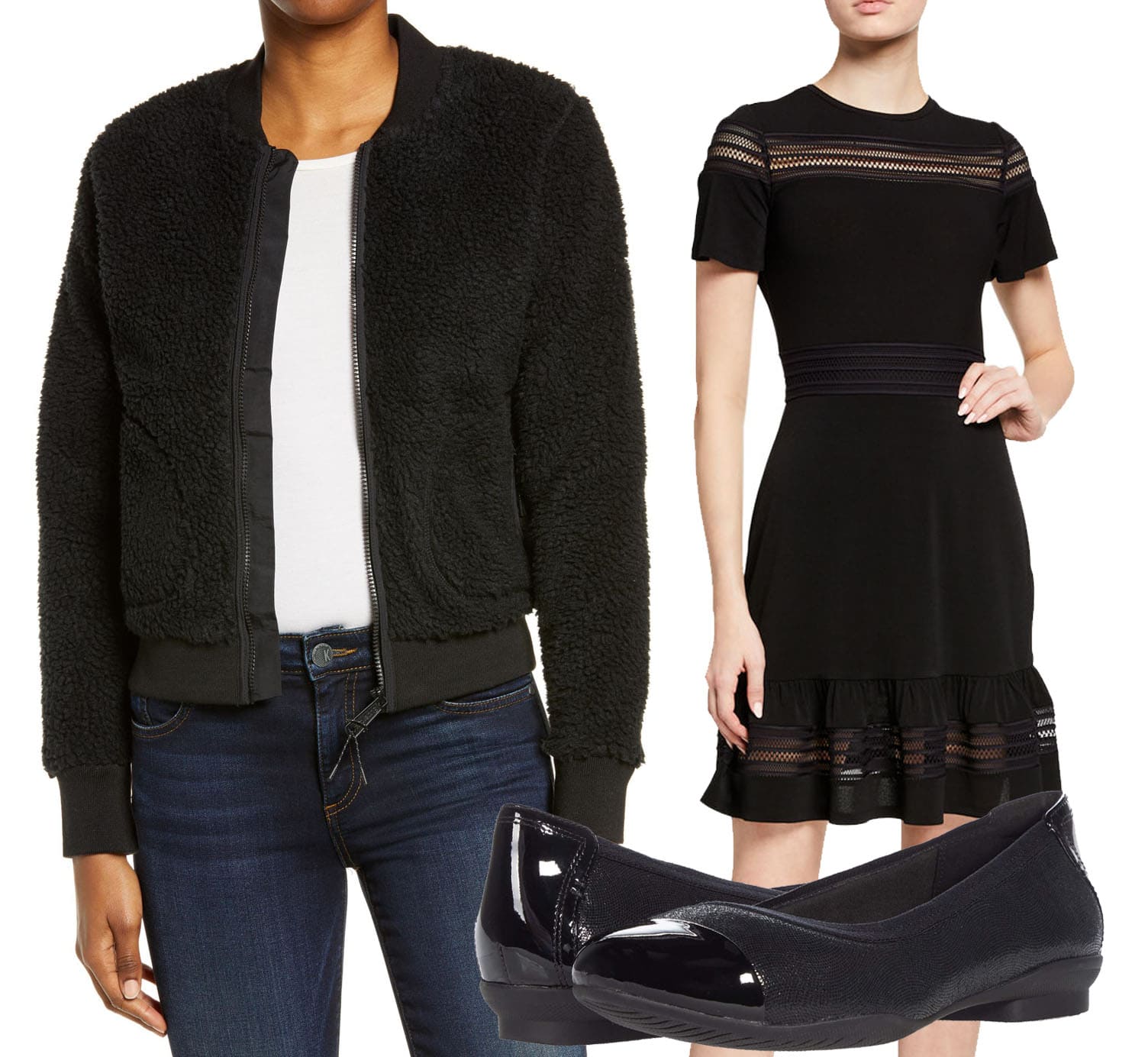 Contemporary Chic: This ensemble, featuring the Superdry Storm Easy Fleece Bomber Jacket, Michael Kors Mesh Combo Dress, and Clarks Sara Orchid Ballet Flats, exemplifies modern elegance with a comfortable twist