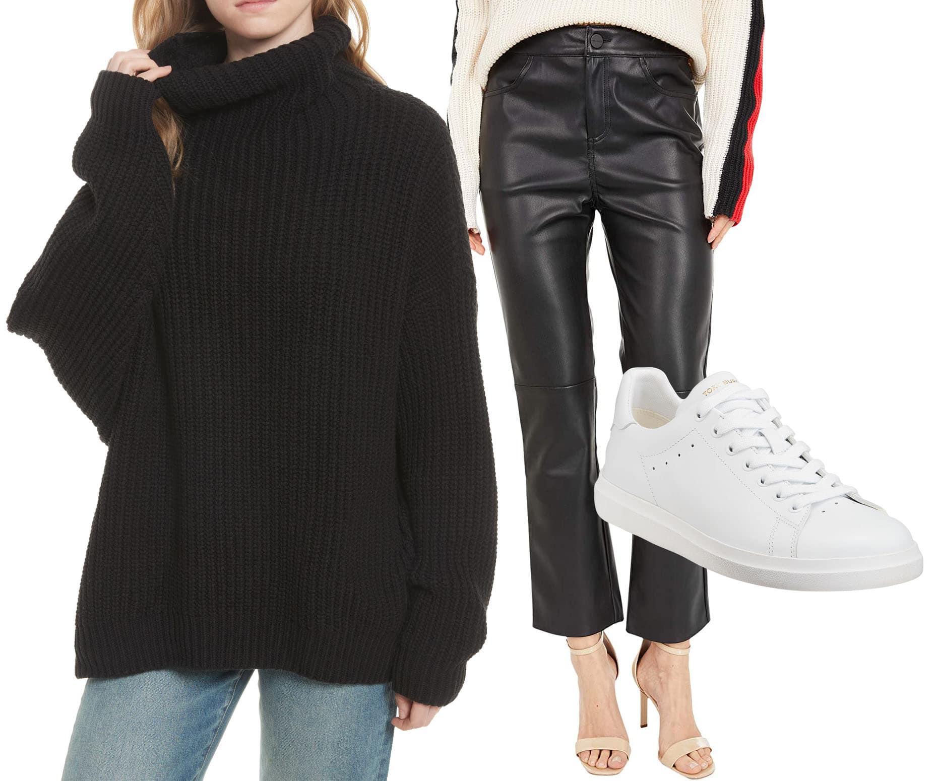 Free People Swim Too Deep Turtleneck Sweater, Sanctuary Leather Like Kick Crop Pants, Tory Burch Howell T-Saddle Court Sneakers