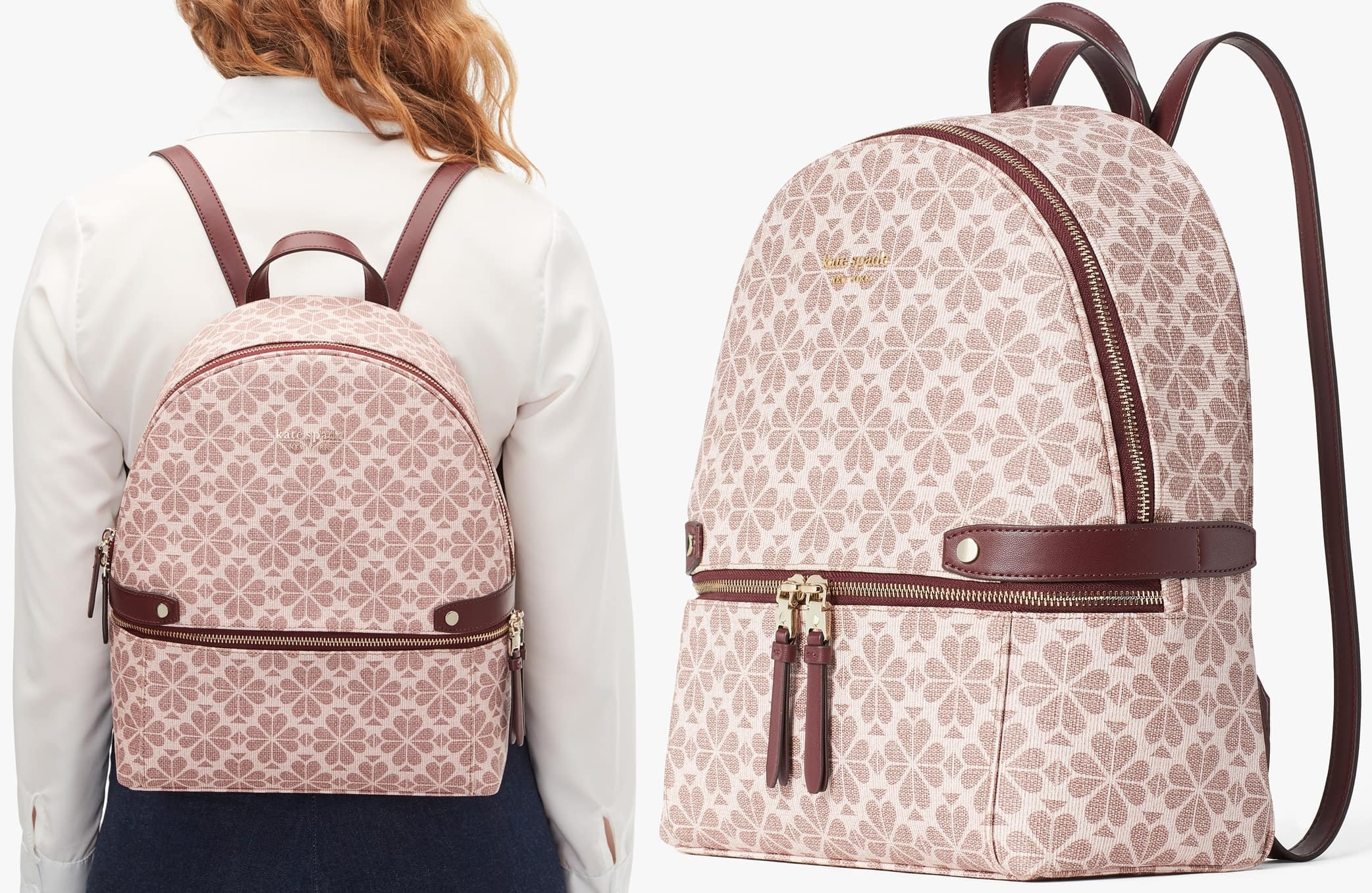 Inspired by jacquard textures of the 1950s, this pink backpack boasts lots of pockets on the inside and out