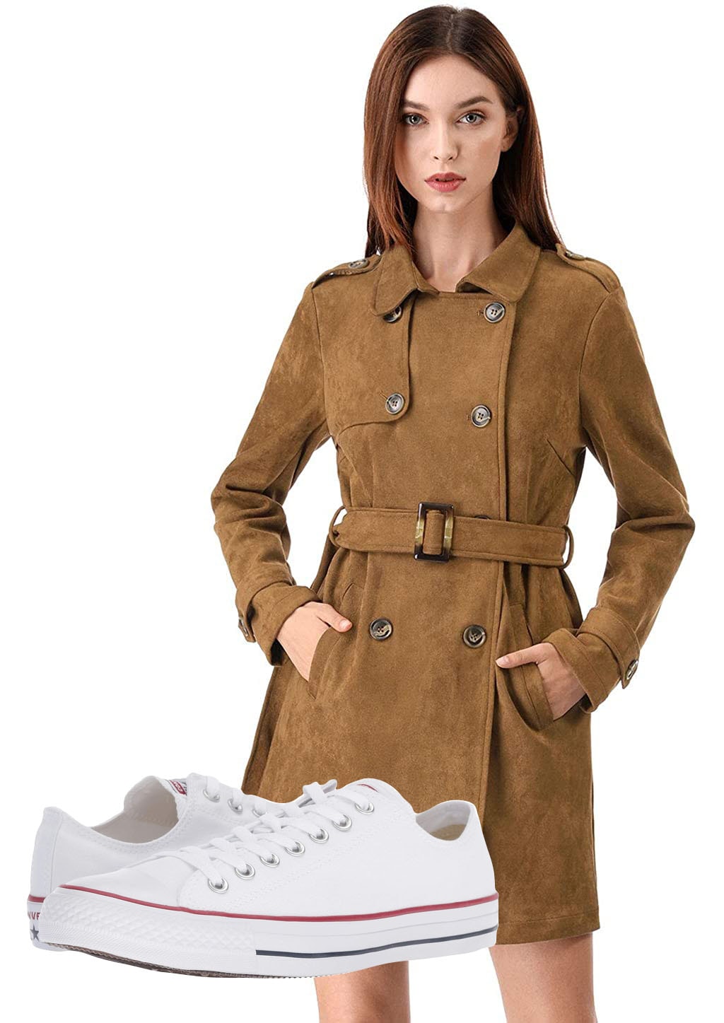 Allegra K Women's Notched Lapel Double Breasted Faux Suede Trench Coat, Converse Chuck Taylor All Star Core Ox Sneakers