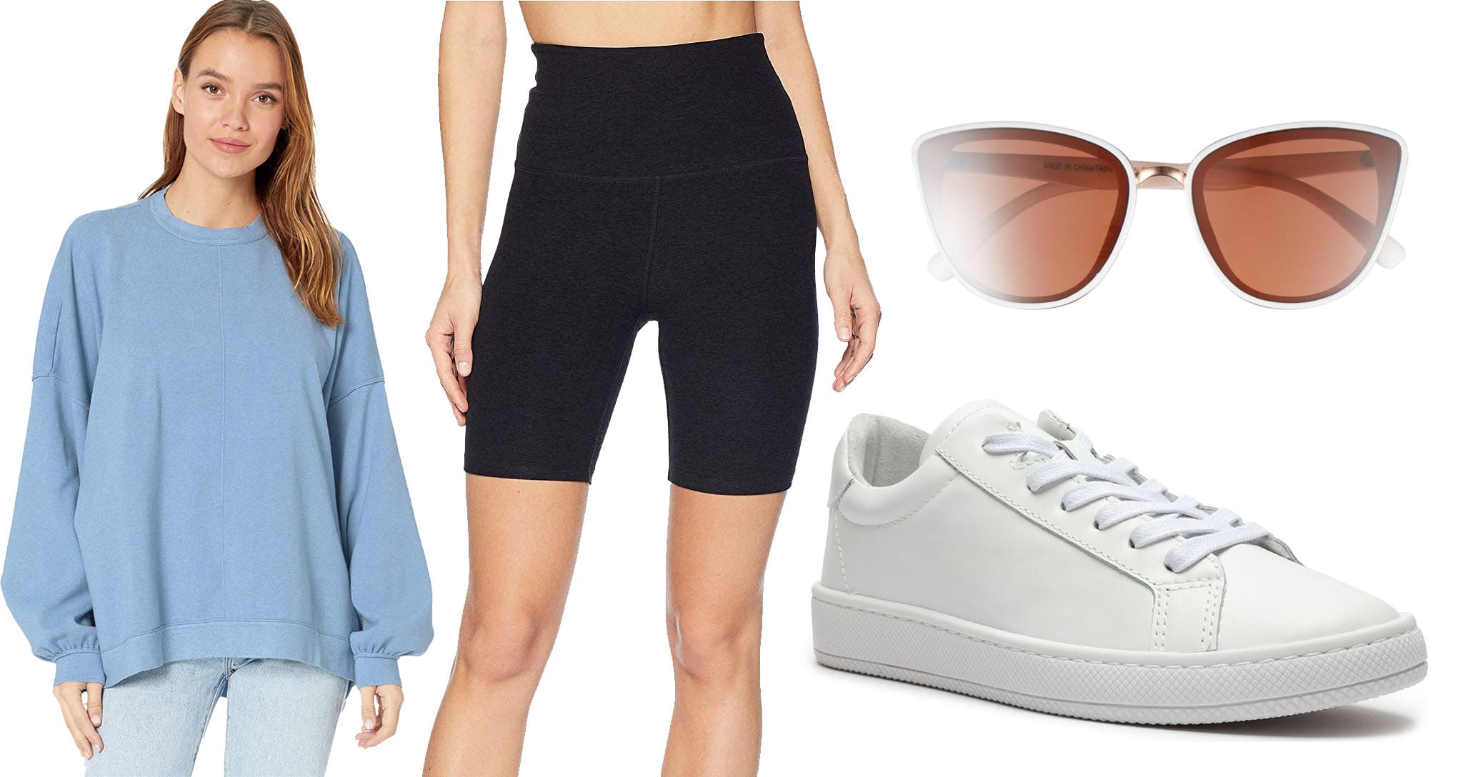 wear white sneakers with Free People sweater and Beyond Yoga biker shorts