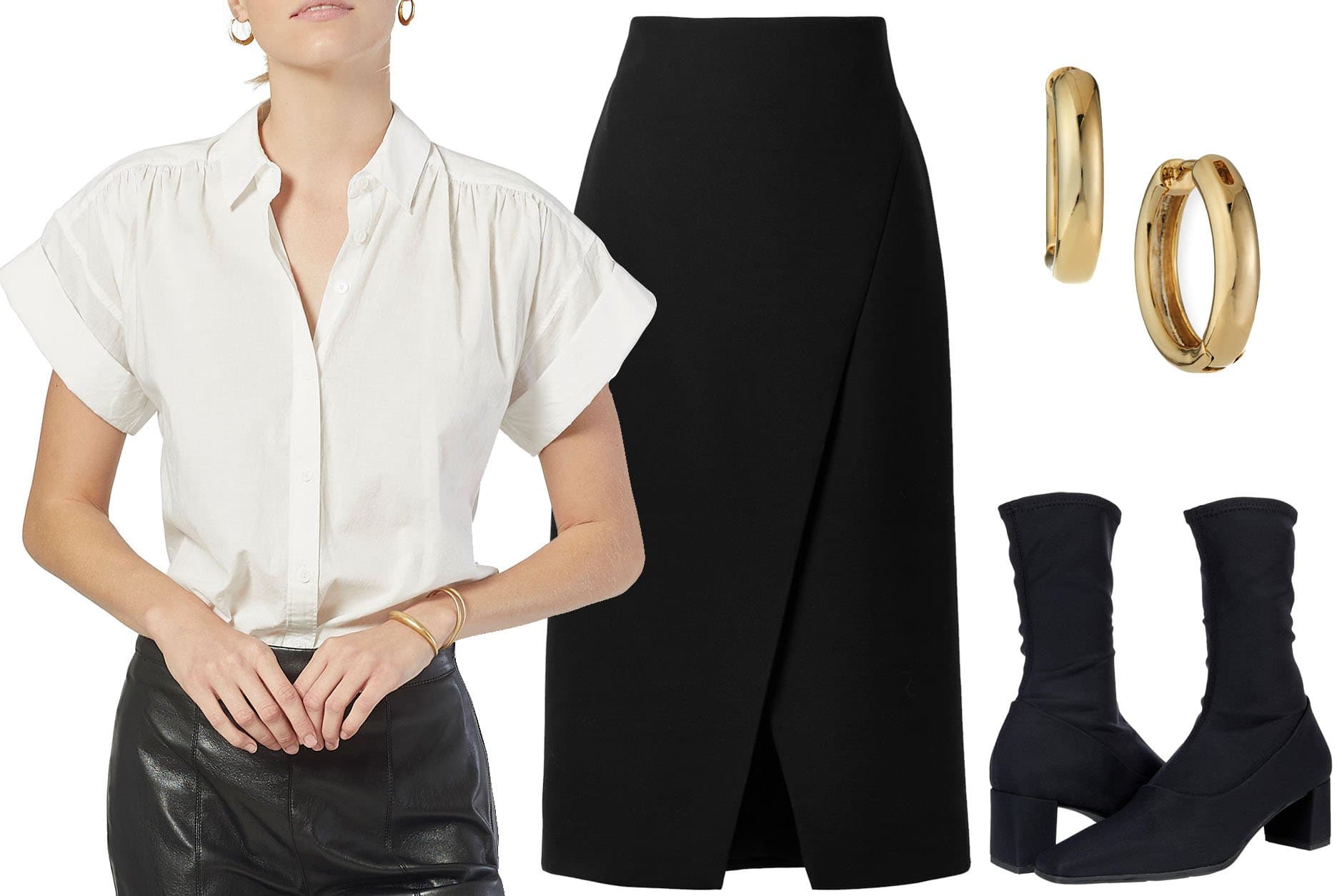 Joie Naro Cotton Poplin Button-Down Shirt, Theory Wrap-effect Woven Midi Skirt, Tai Huggie Hoop Earrings, Vagabond Shoemakers Tessa Sock Boots