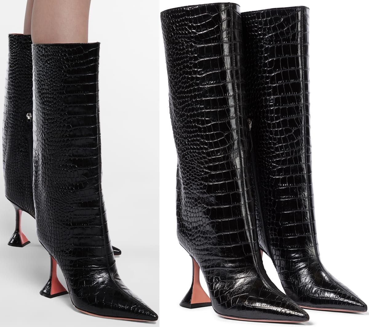 These black croc-effect leather Amina Muaddi knee-high boots are replete with some of the label's most defining features