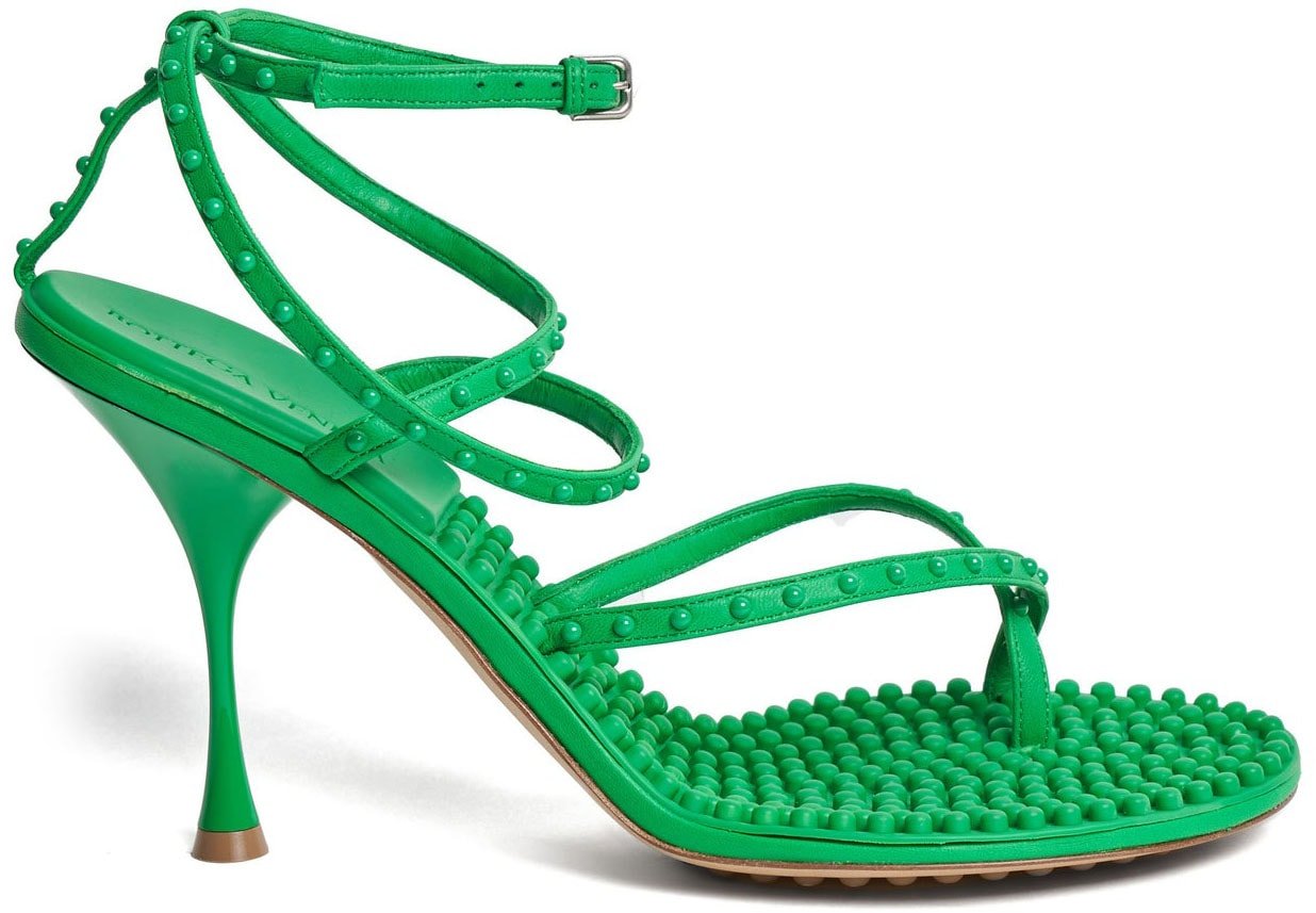 Bottega Veneta's Lagoon sandals with toe rings and ankle straps also come in green colorway