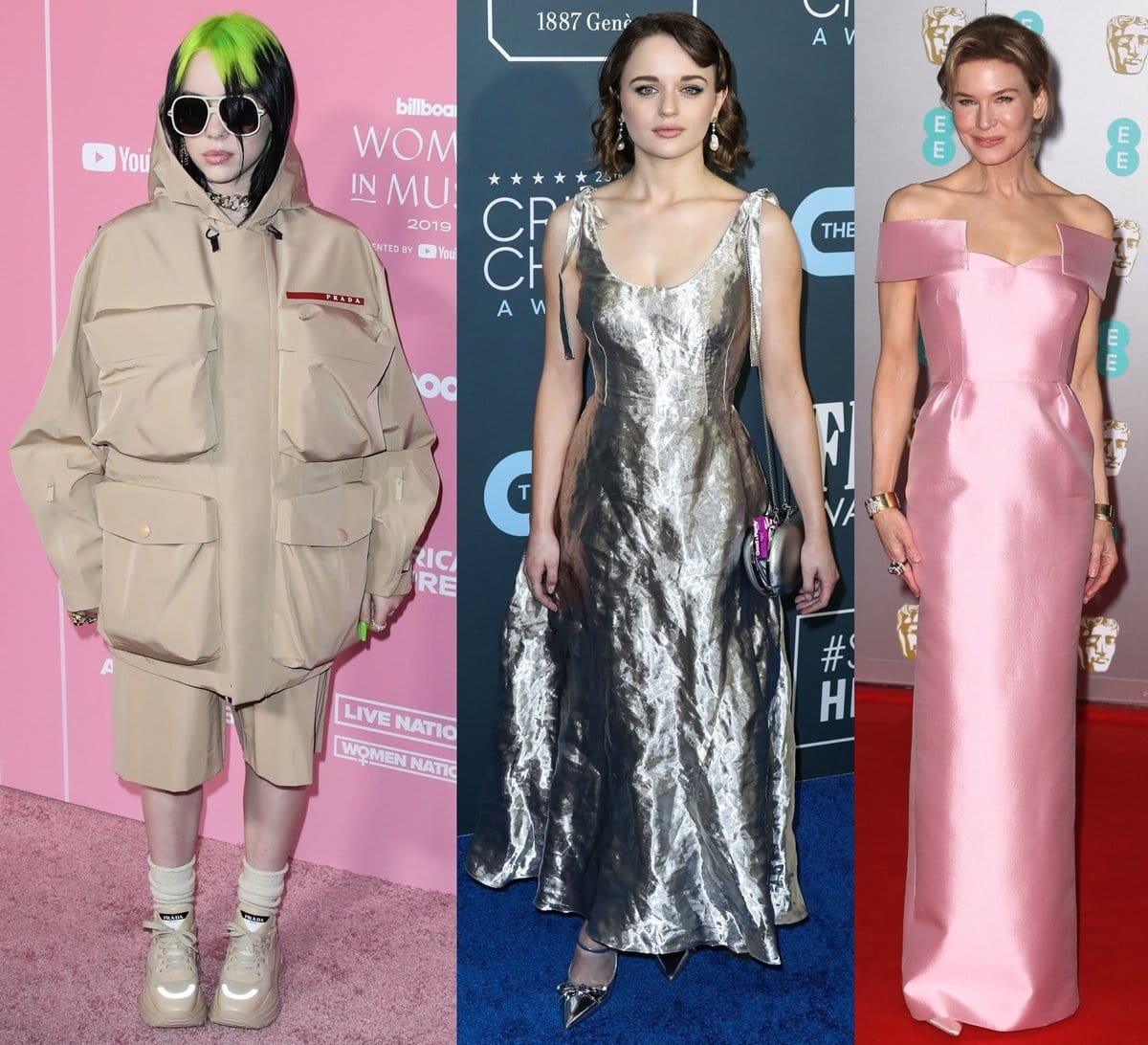 Billie Eilish, Joey King, and Renée Zellweger wearing Prada outfits