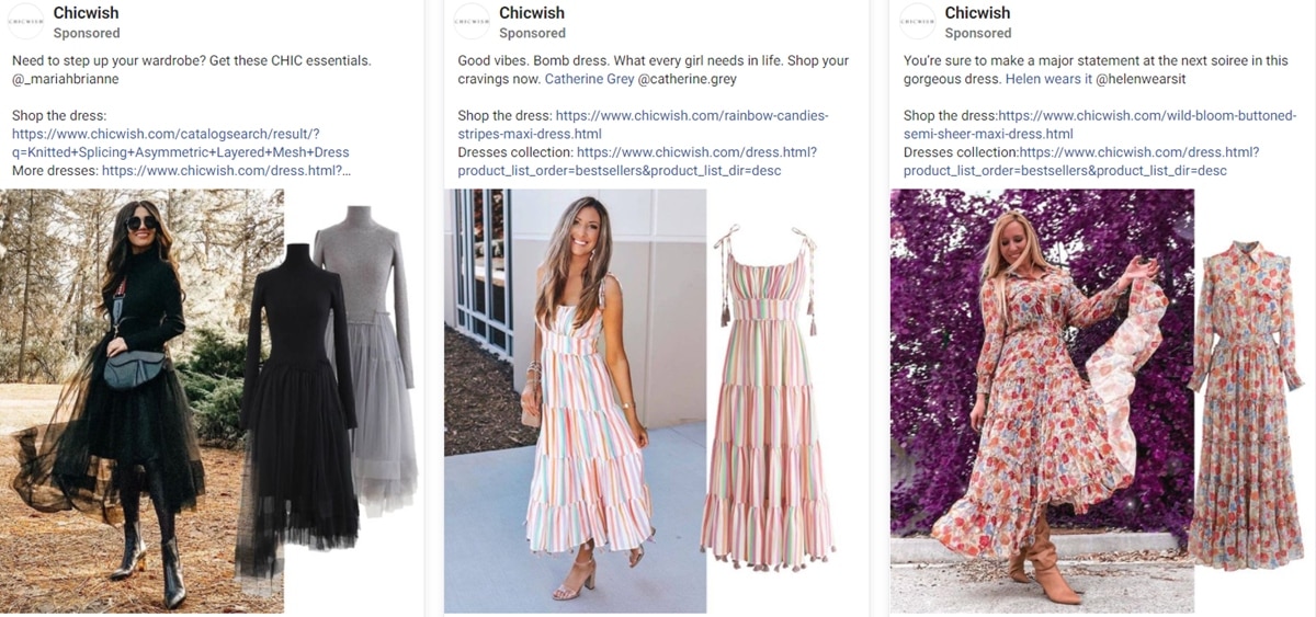 Chicwish Facebook ads targeting consumers in the United States