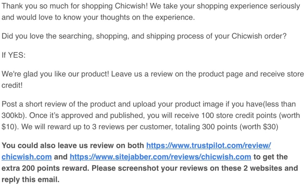 Email from Chicwish asking customers to leave positive reviews on Sitejabber and Trustpilot