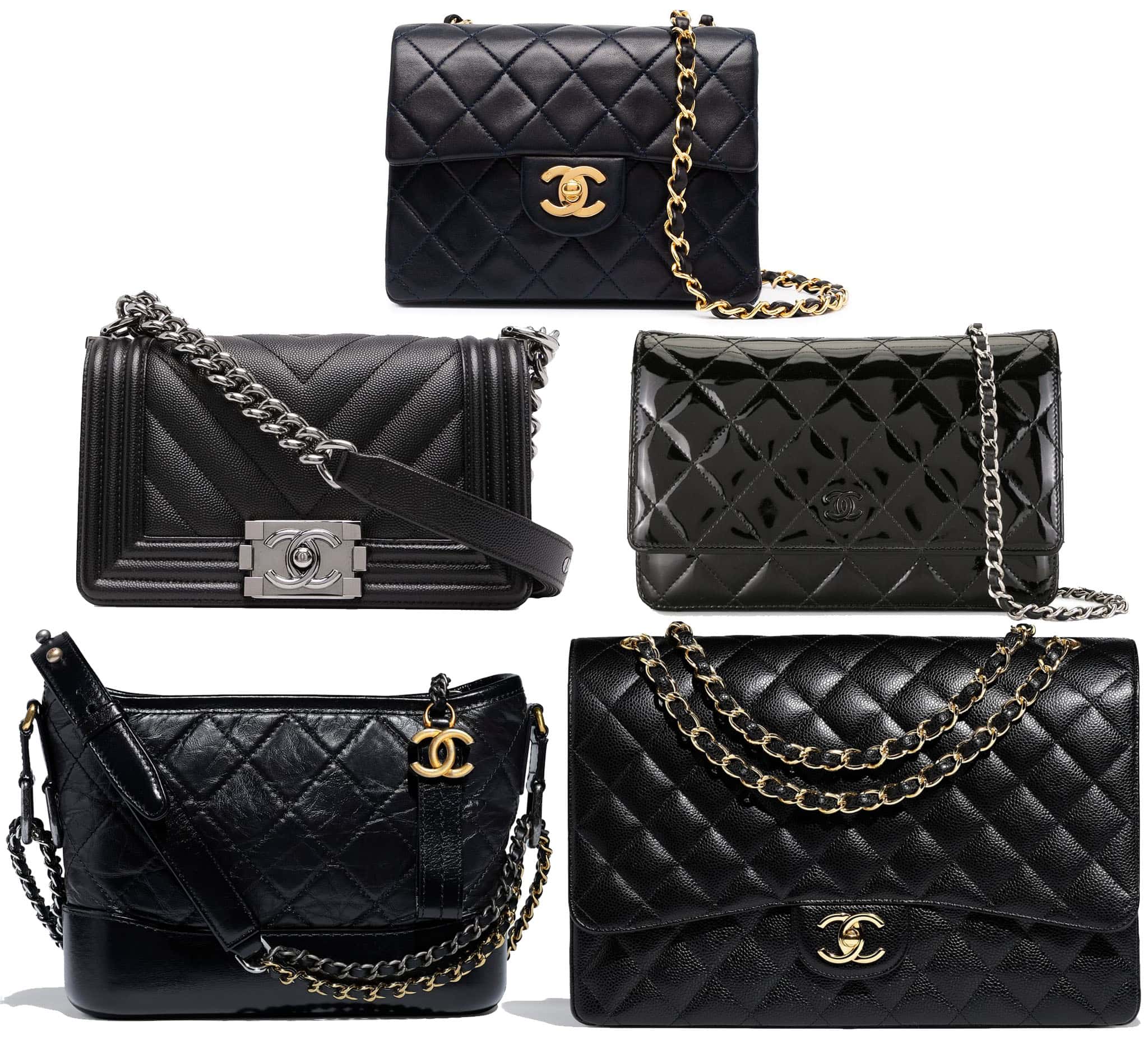 (Top) Chanel Classic Small Flap Bag, (middle) Chanel Small Boy Flap Bag and Chanel WOC, (bottom) Chanel Gabrielle Small Hobo Bag and Chanel Classic Maxi Flap Bag