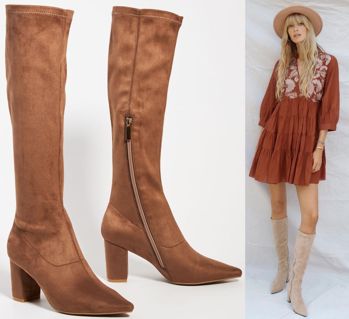 These vegan suede knee-high boots pair perfectly with slim-fit denim or statement-making skirts for an effortless ensemble any time of year