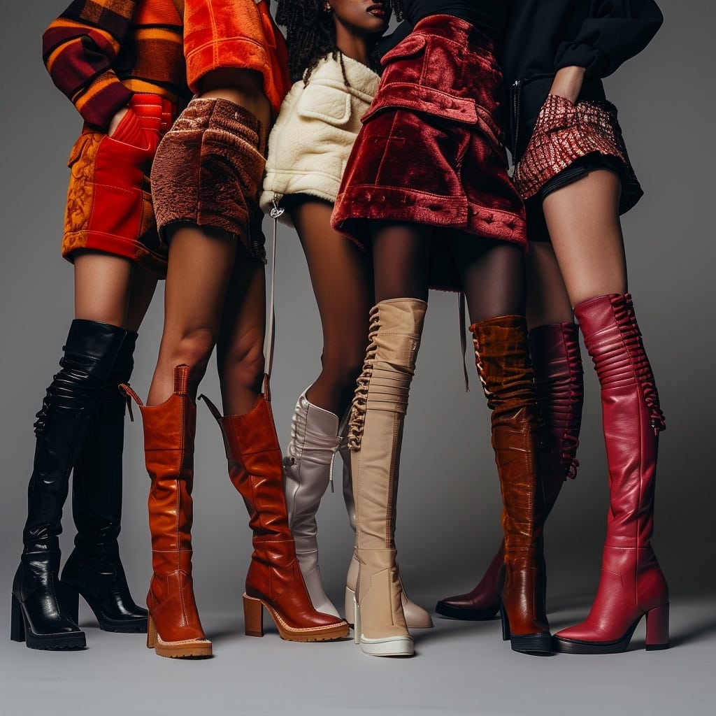 A diverse collection of models showcasing a trendy selection of knee-high boots in various materials and heel styles, highlighting options for every fashion enthusiast's fall wardrobe
