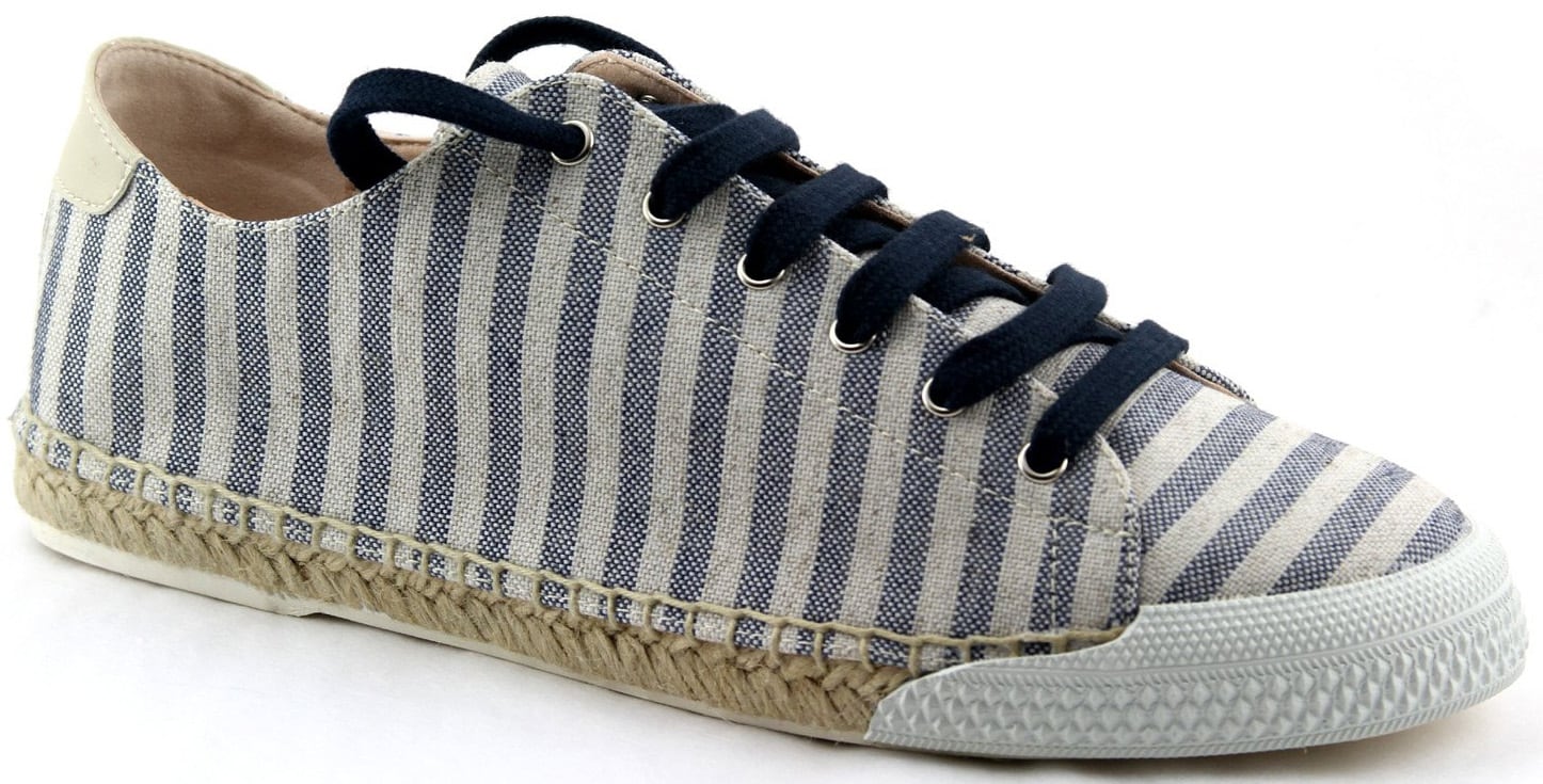 The Amanda features a recycled polyester upper in navy-and-white stripes with natural jute and recycled rubber soles