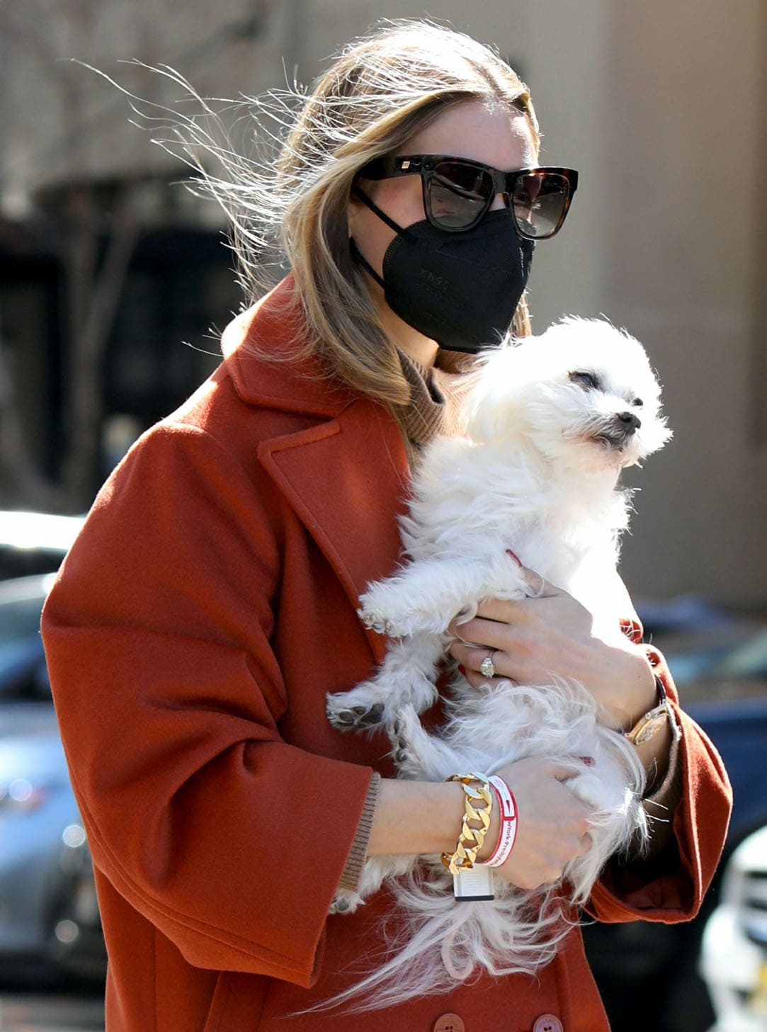 Olivia Palermo styles her look with Le Specs sunnies, black face mask, and chunky gold bracelet as she cradles Mr. Butler