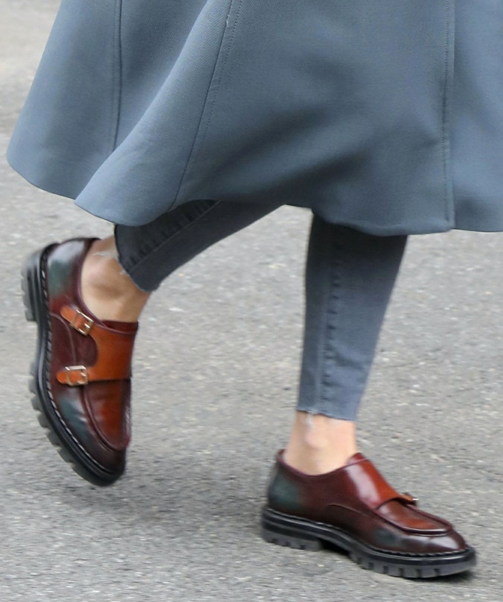 Olivia Palermo pairs her military-chic coat with Santoni monk-strap lugged loafers