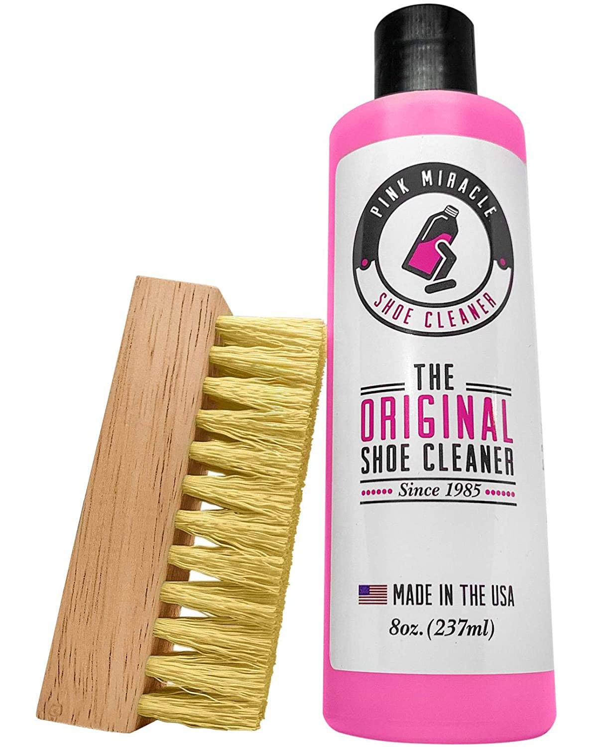 The Pink Miracle shoe cleaner is a safe concentrate all-in-one shoe cleaner and conditioner that contains saddle soap, gentle oils, and conditioners