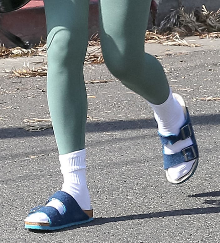 Rumer Willis wears white socks with blue suede Birkenstock sandals