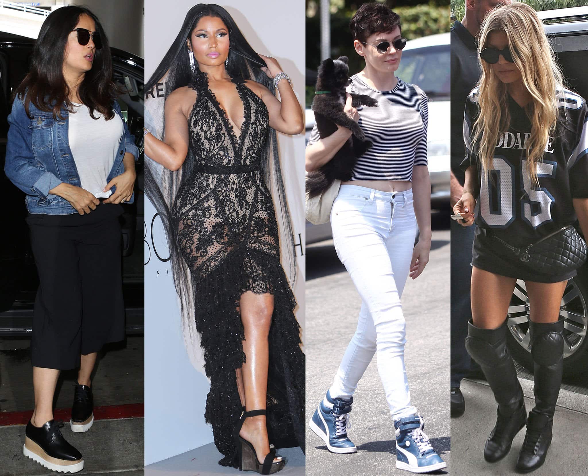 Salma Hayek, Nicki Minaj, Rose McGowan, and Fergie add a few inches with comfy wedges