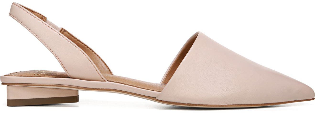The Sarto by Franco Sarto slingback flats are offered in four classic colors, including adobe rose patent leather, black nappa, white nappa, and blush leather
