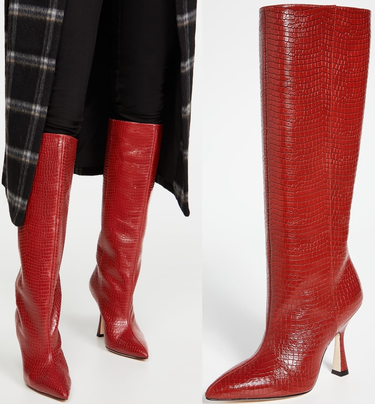 Elevate your style with these vibrant red Stuart Weitzman Patron knee-high boots, crafted from luxurious croc-effect leather, a testament to timeless fashion and modern craftsmanship