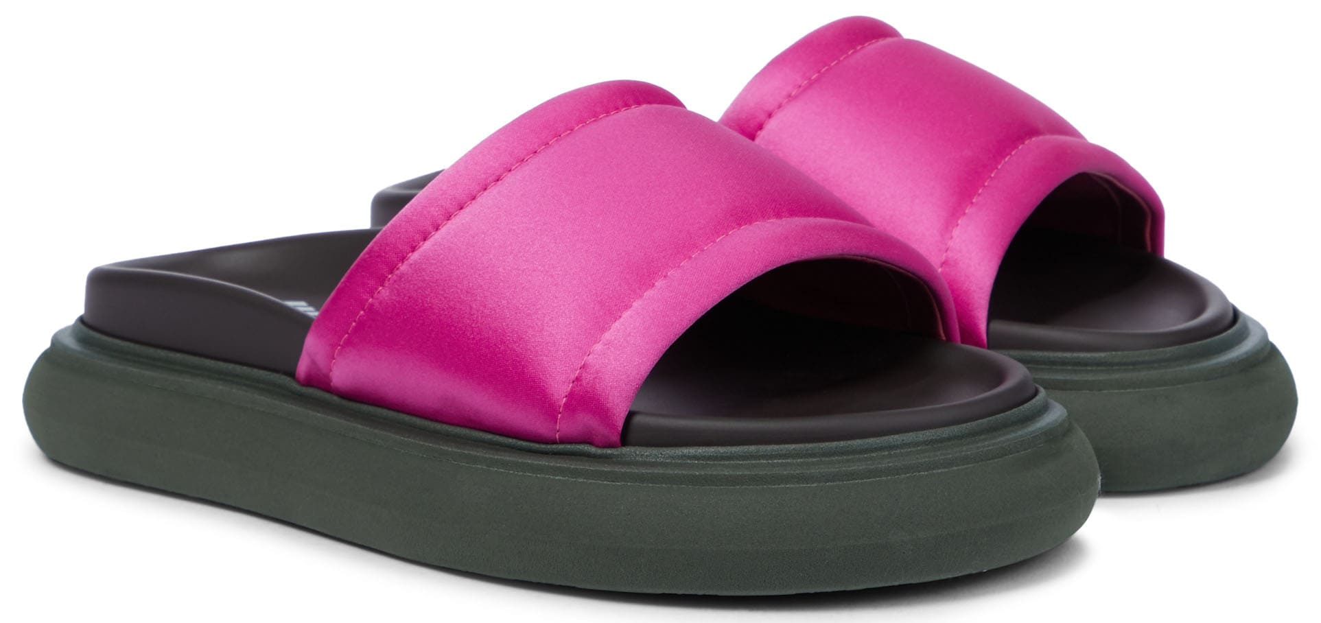 The Attico Noah slides have chunky, flat rubber soles and wide satin uppers