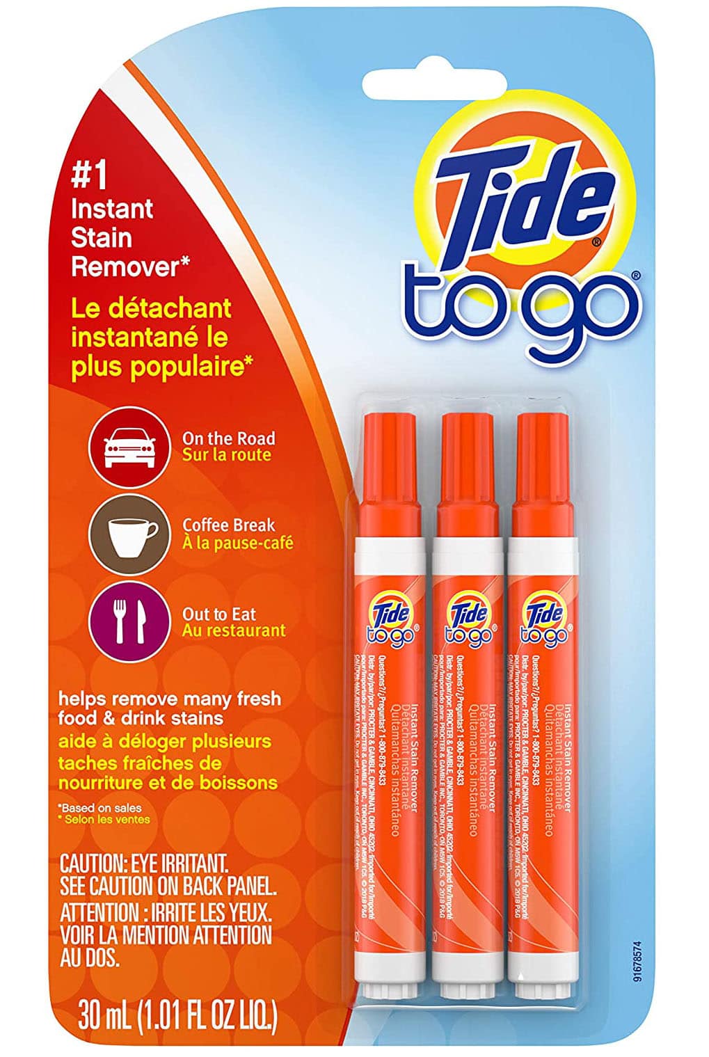 Portable and easy-to-use, the Tide To Go Instant Stain Remover Liquid Pen contains a powerful solution that breaks down stains and has a microfiber pad that lifts and absorbs the stains