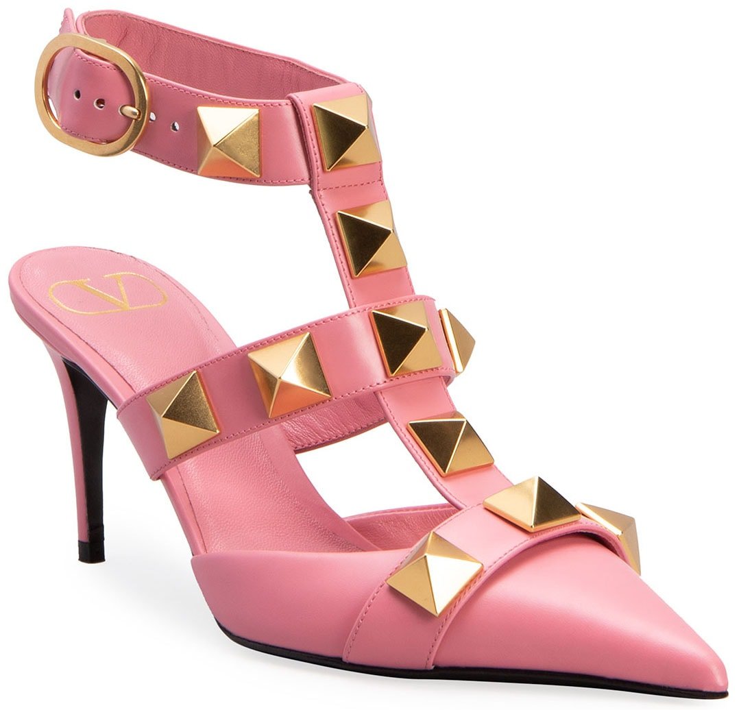 The Roman Stud pumps also come in flamingo pink colorway with 3-inch heels