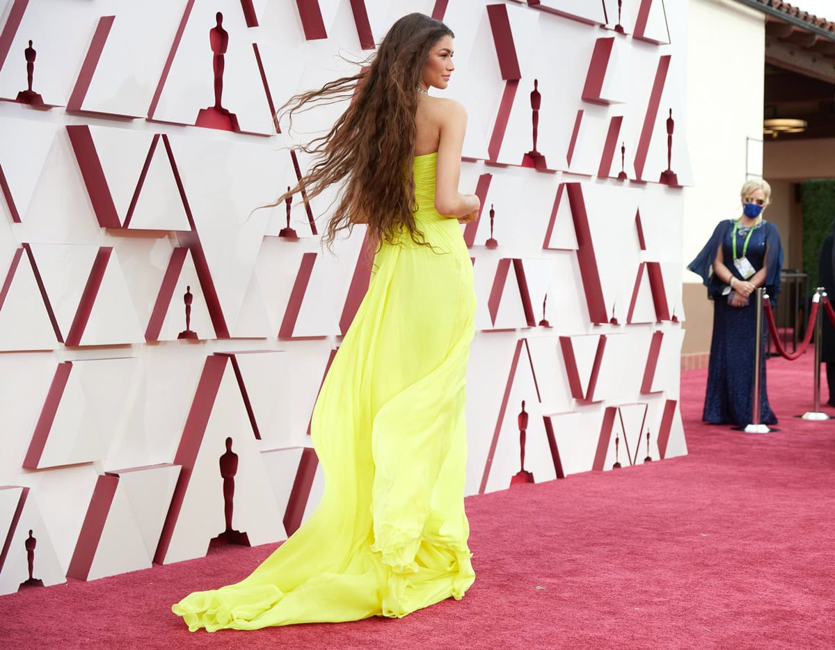 Even though hidden beneath the flowing train of her Valentino gown, Zendaya’s Jimmy Choo Minny heels added extra height, enhancing her statuesque red carpet presence