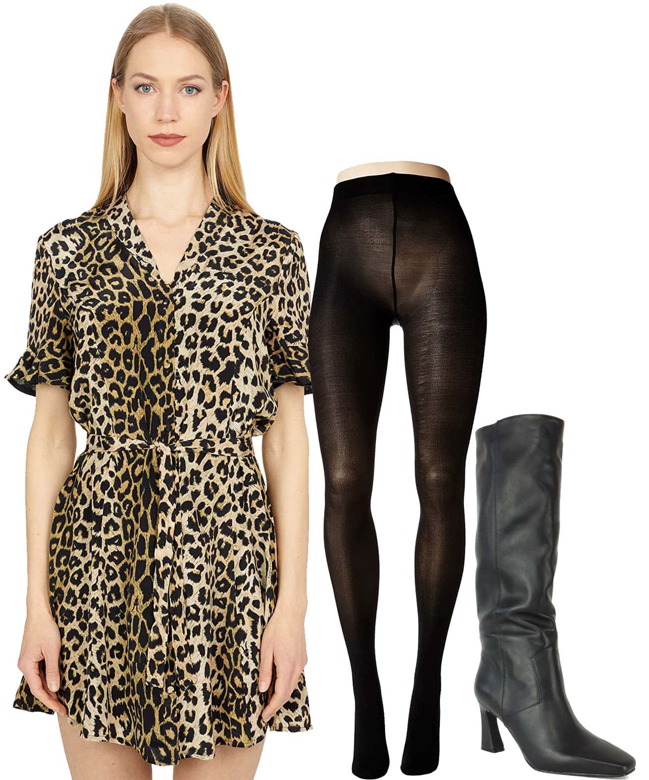 Urban Elegance Meets Comfort: The chic All Saints Fey Leppo dress paired effortlessly with Bloch Contoursoft footed tights and fashionable Caverley Candy slouchy leather knee boots
