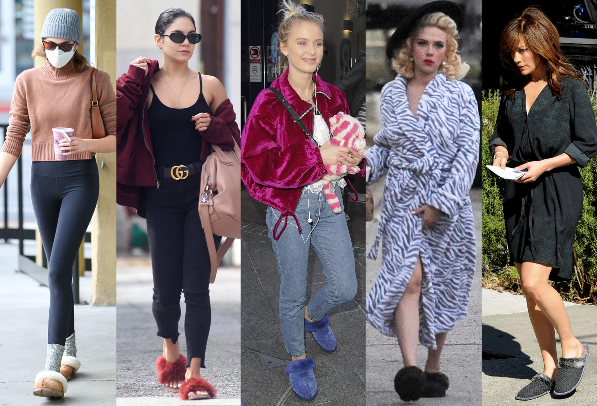 Kaia Gerber, Vanessa Hudgens, Zara Larsson, Scarlett Johansson, and Jennifer Lopez in comfy house slippers