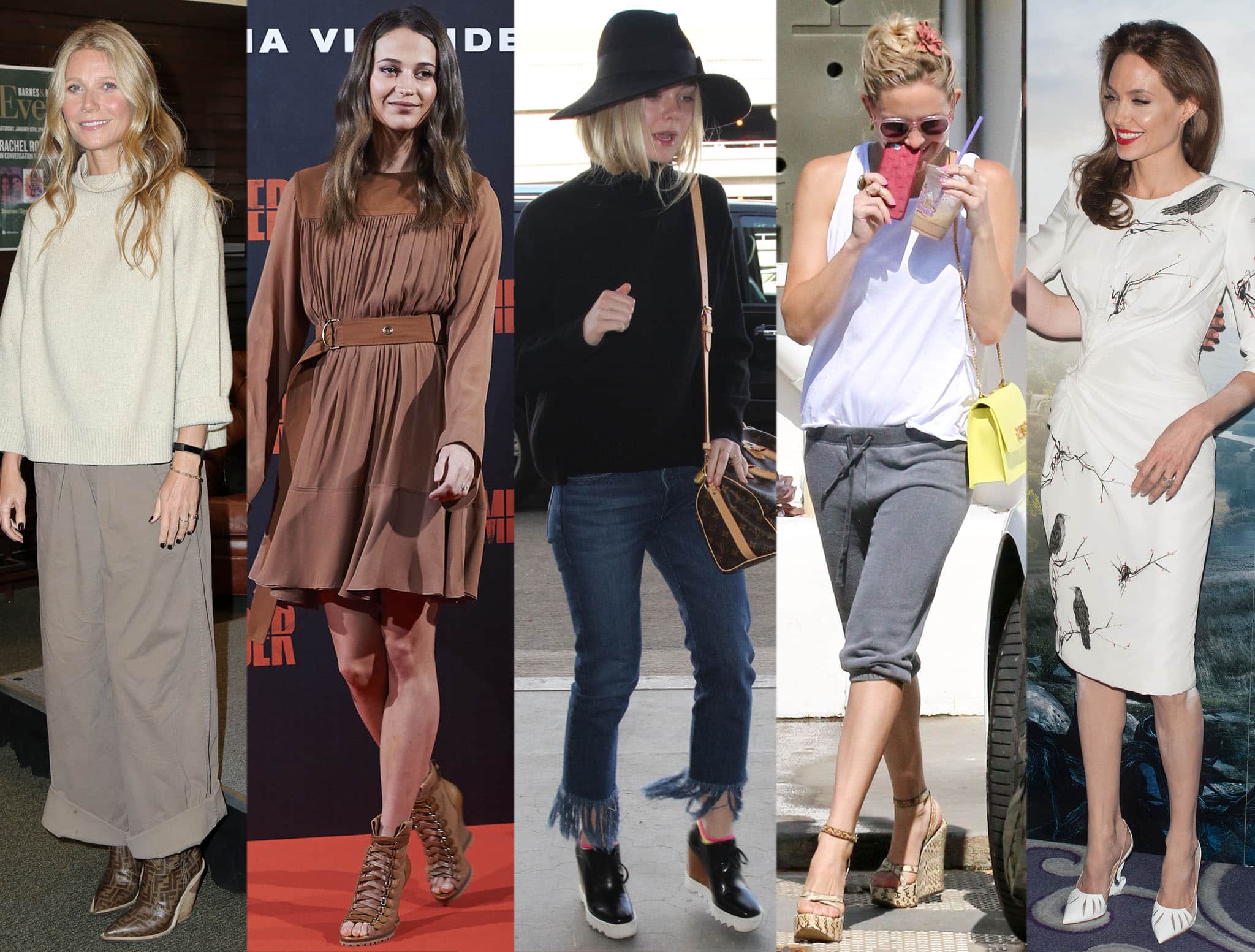 Gwyneth Paltrow, Alicia Vikander, Elle Fanning, Kate Hudson, and Angelina Jolie wear different styles of wedge shoes