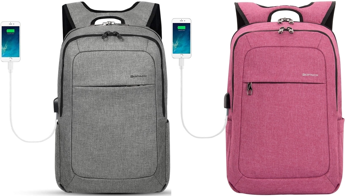 This backpack features an external USB port with a charging cable that is convenient to charge your phone, tablet, or laptop