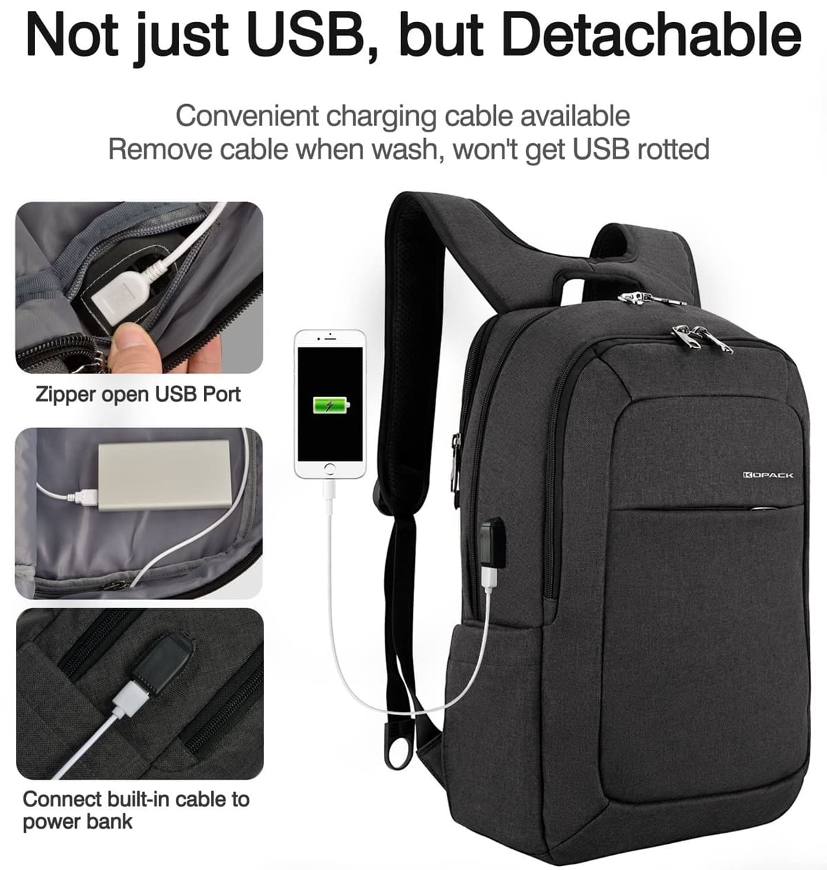 This backpack has an external USB port so that you can easily charge your phone up while on the move