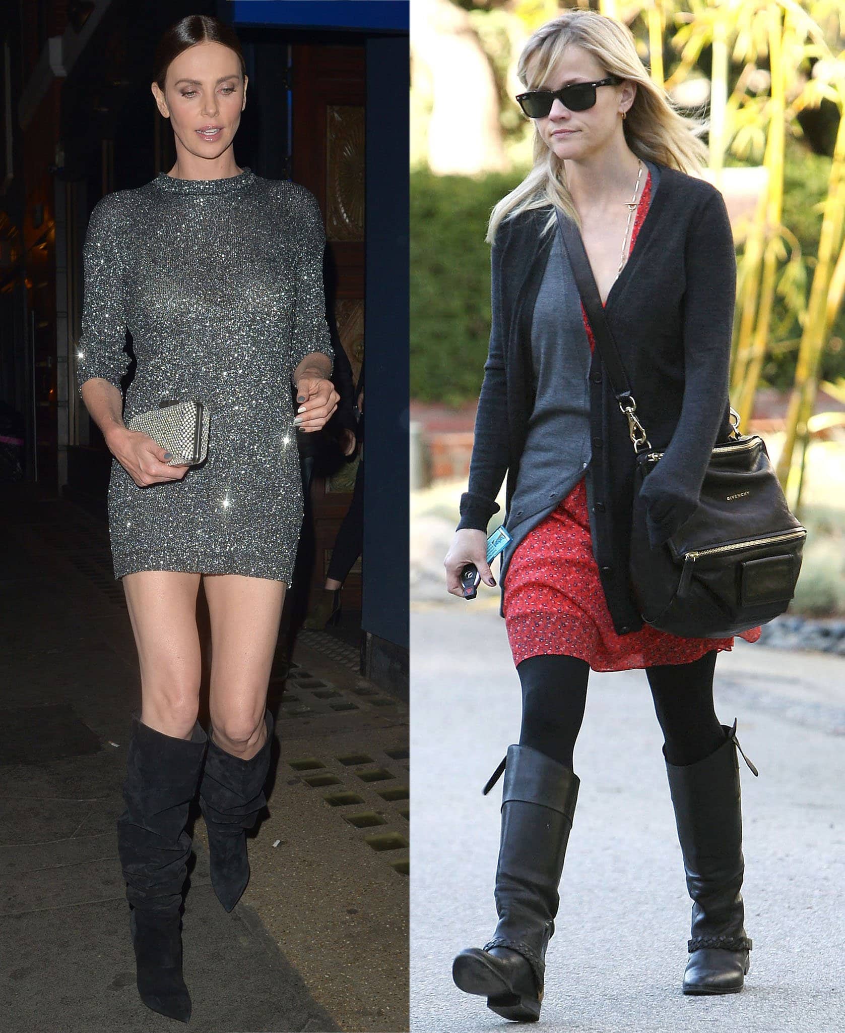 Charlize Theron dazzles with bare legs and knee-high boots paired with a glittering mini dress, contrasting Reese Witherspoon's cozy style featuring leggings and sleek knee-high boots