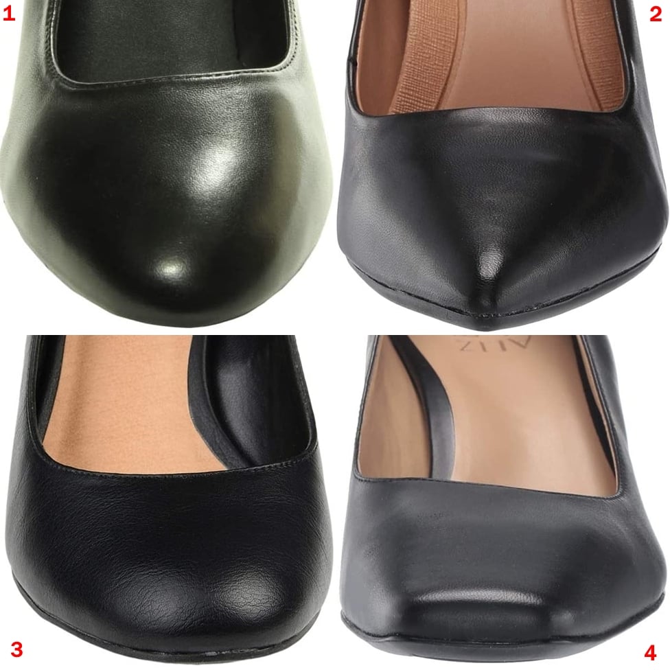 The most common shoe toe shapes are almond toe (1), pointy toe (2), round toe (3), and square toe (4)