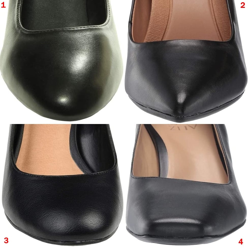 There most common shoe toe shapes are almond toe (1), pointy toe (2), round toe (3), and square toe (4)