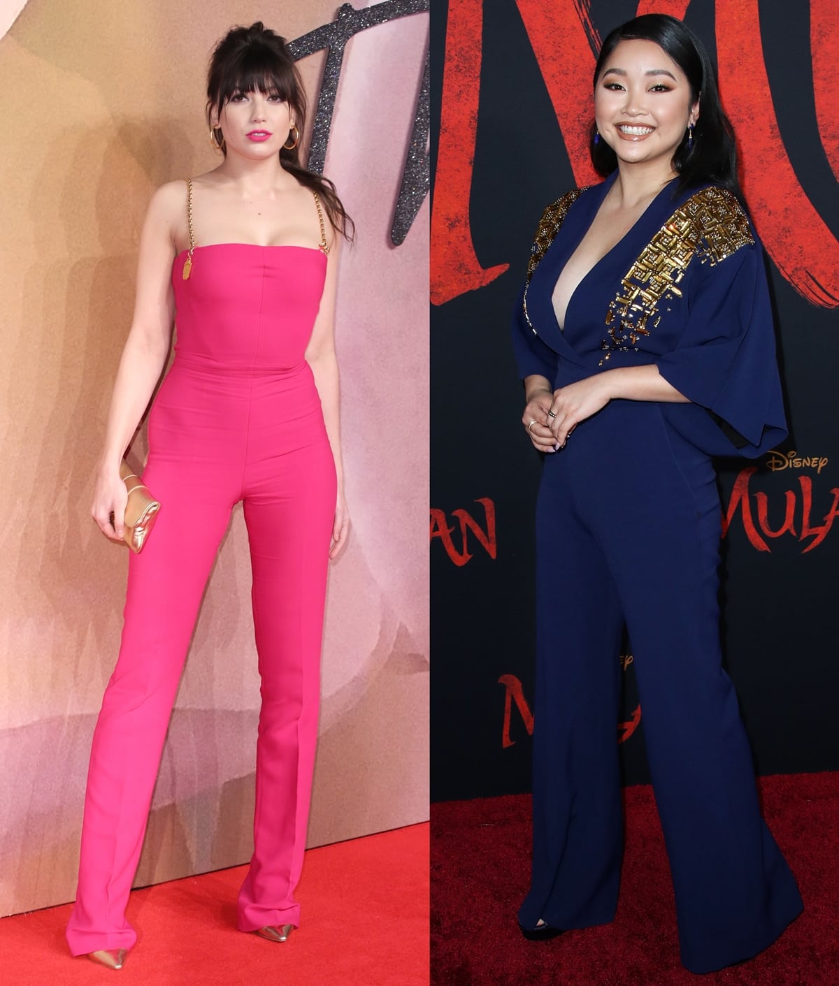 Daisy Lowe in a pink stretch-cady Antonio Berardi jumpsuit with chain straps (L) and Lana Condor in a navy Antonio Berardi jumpsuit with beaded gold shoulders