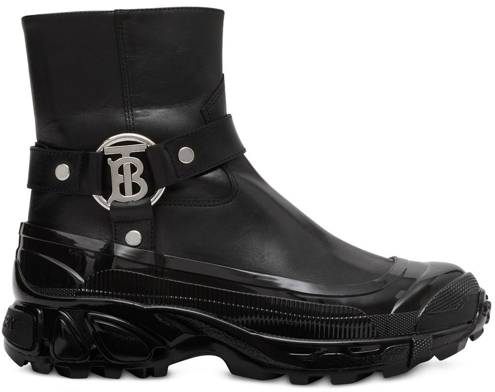 A rain boot-inspired pair featuring a chunky over shoe with Thomas Burberry monogram buckles