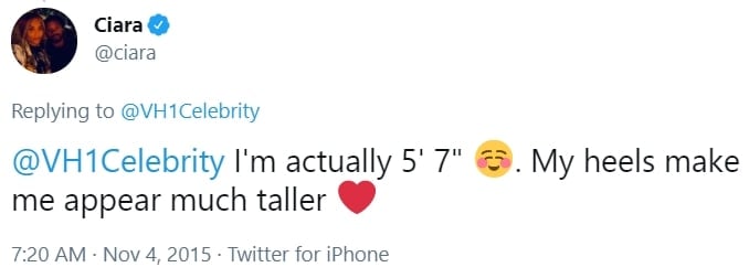 While she looks much taller, Ciara tweets that her height is 5'7