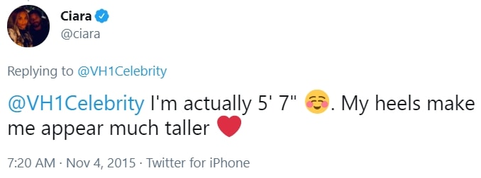 Ciara clarifies her height as 5'7" in a tweet, stating that her heels make her appear much taller