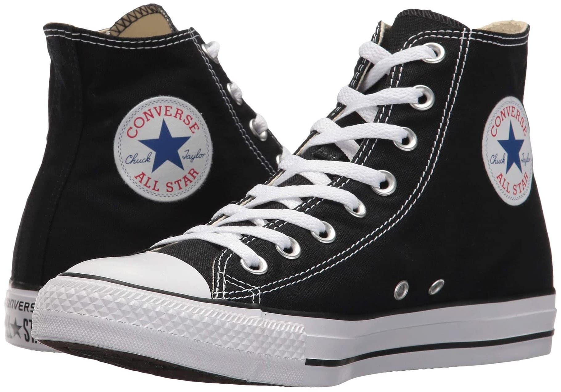 The Converse Chucks Hi features a canvas upper with rubber toe caps and outsoles