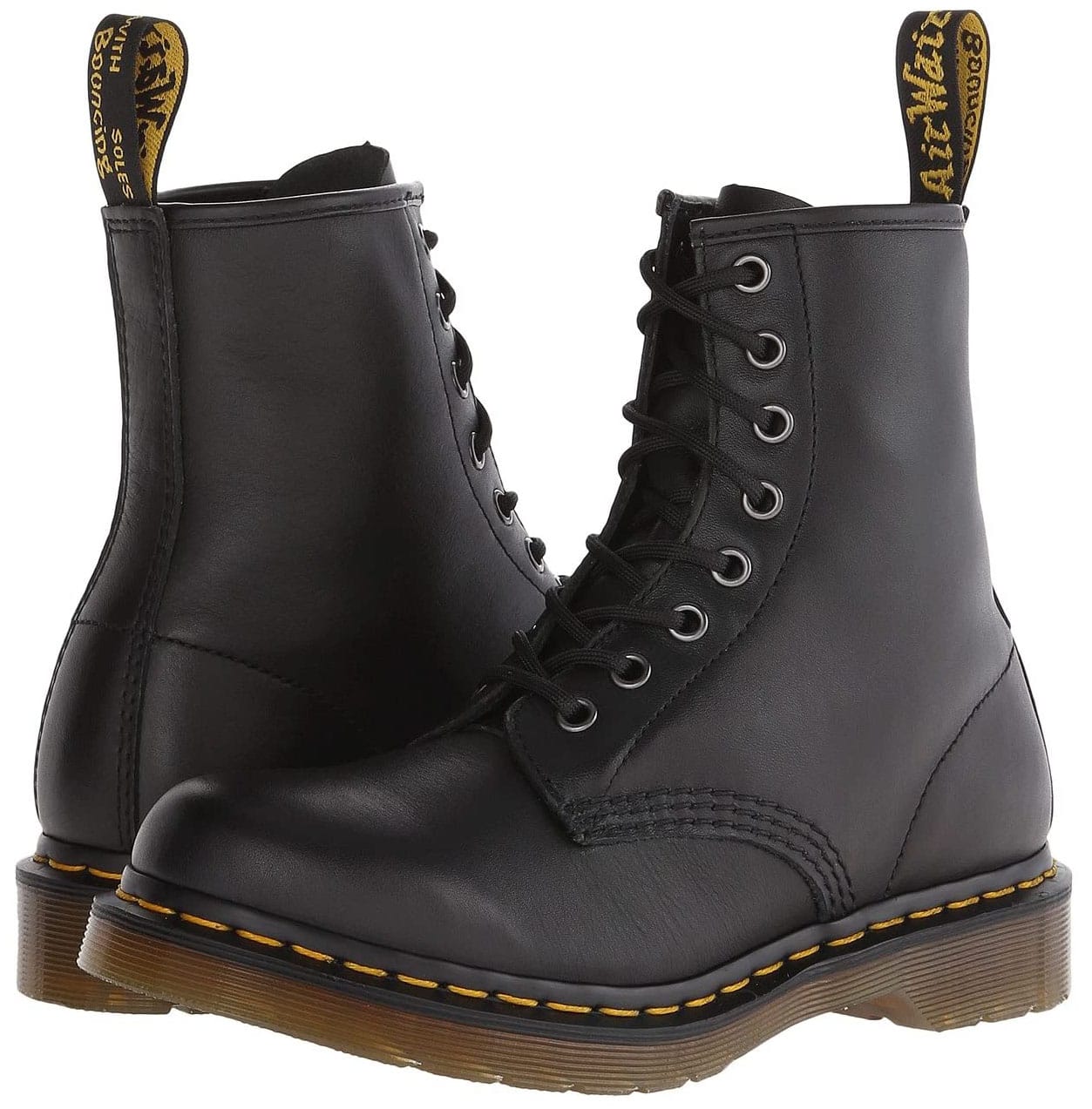 One of Dr. Martens' classic boot style with 8-Eye front, yellow stitching, and Airwair air-cushioned soles