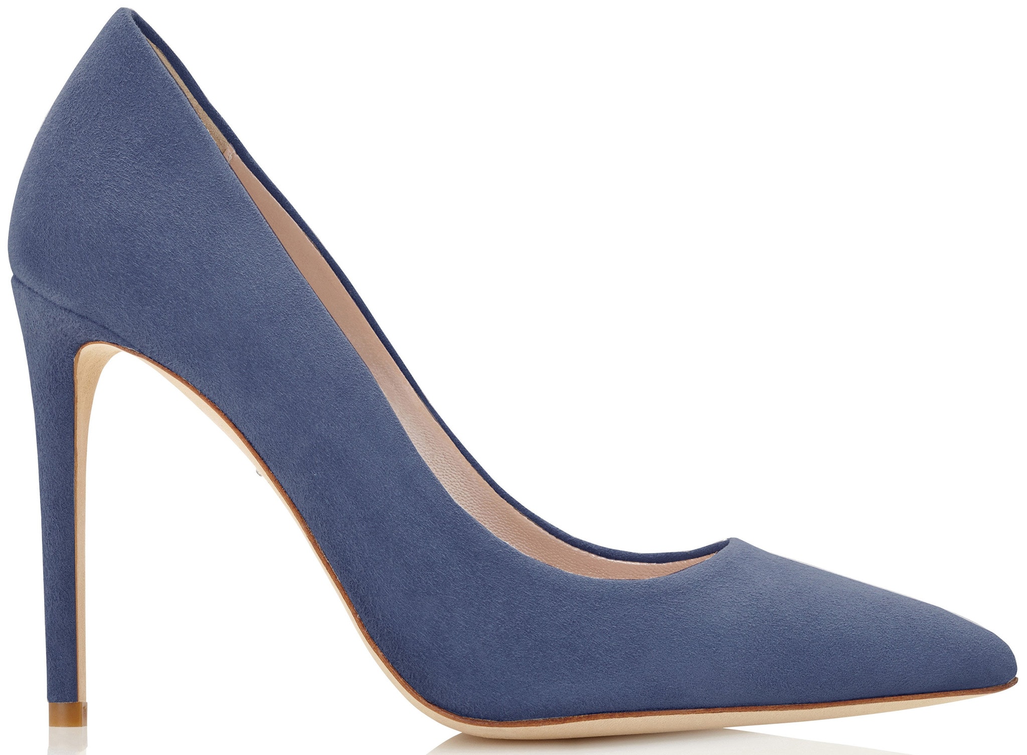 A classic, stylish pointed-toe shoe done in summery blue-gray suede with flattering straight heels