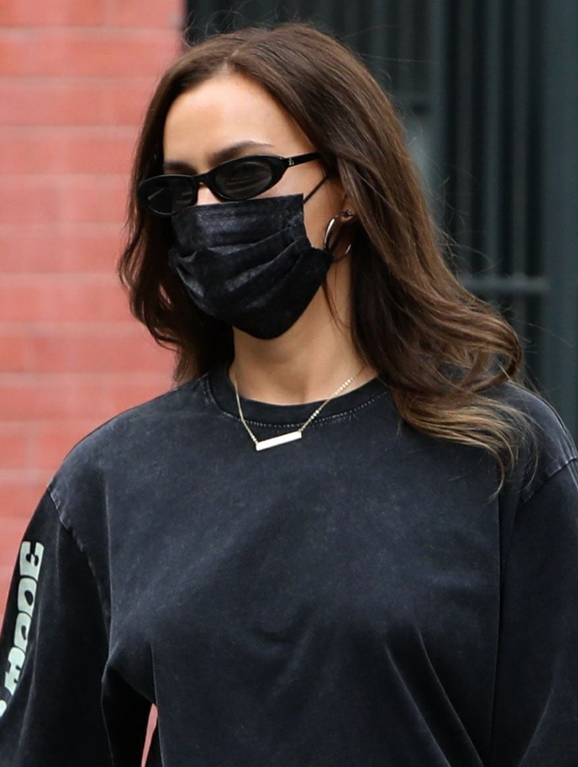 Irina Shayk stays safe with her Barriere basketweave face mask