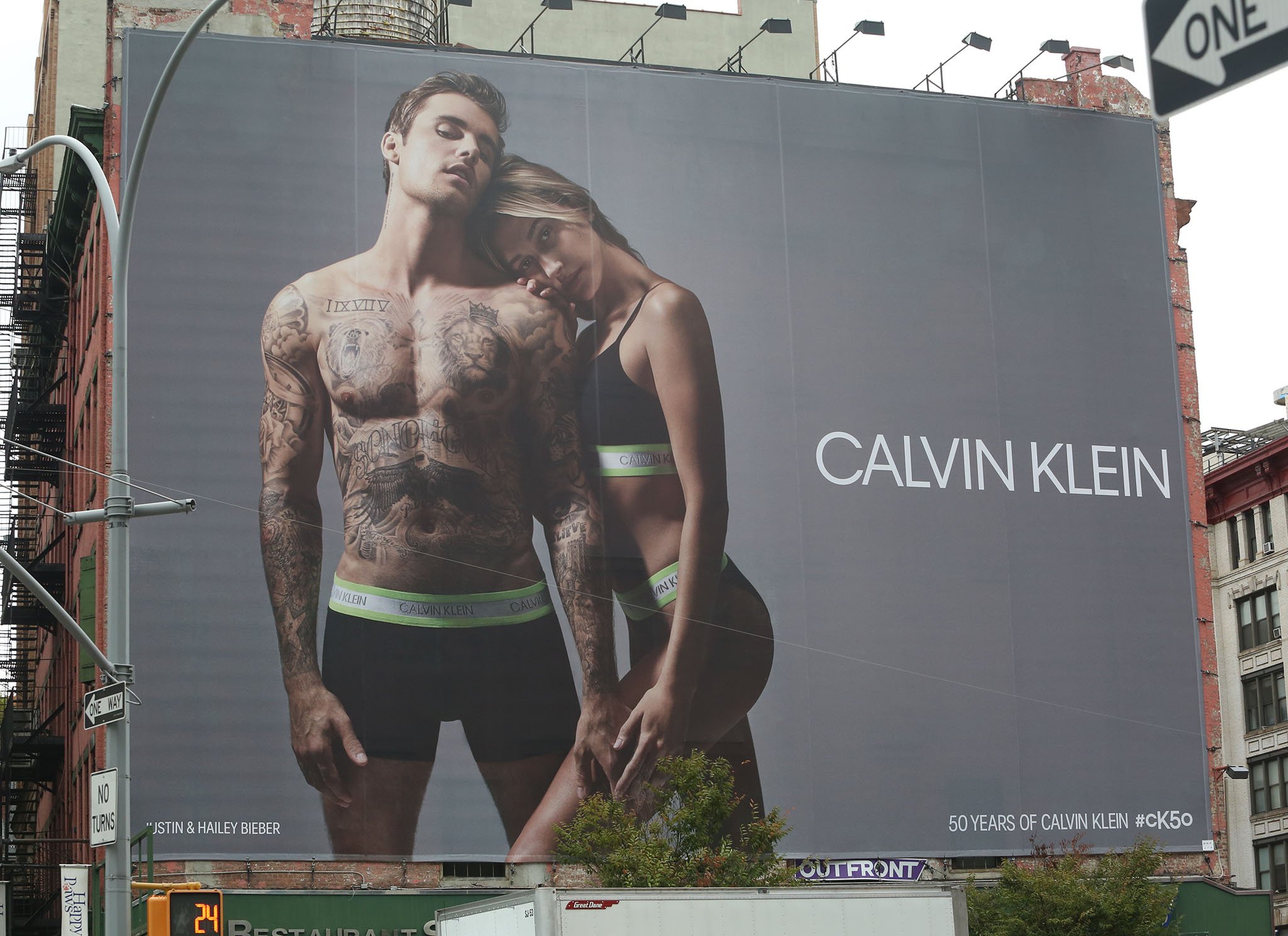 Justin Bieber and Hailey Bieber's Calvin Klein billboard in Soho, New York City