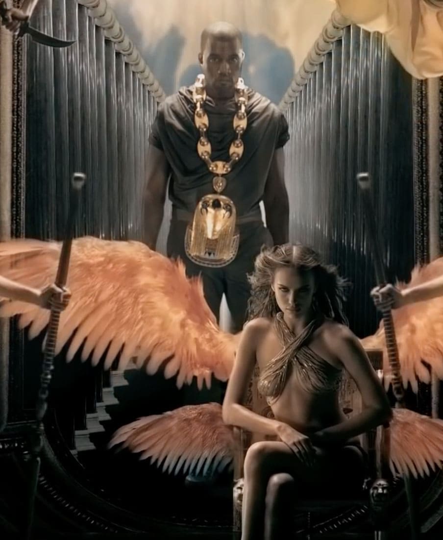 A screenshot from Kanye West's Power music video with Irina Shayk as a CGI-winged angel