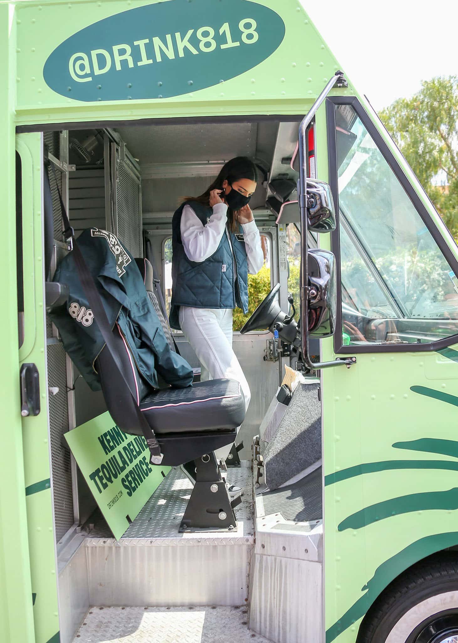 Kendall Jenner drives her branded 818 Tequila truck as part of her promotional strategy for her tequila brand on May 17, 2021