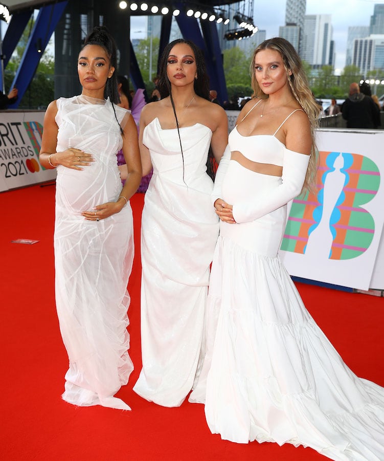 Leigh-Anne Pinnock, Jade Thirlwall, and Perrie Edwards color-coordinated in white gowns