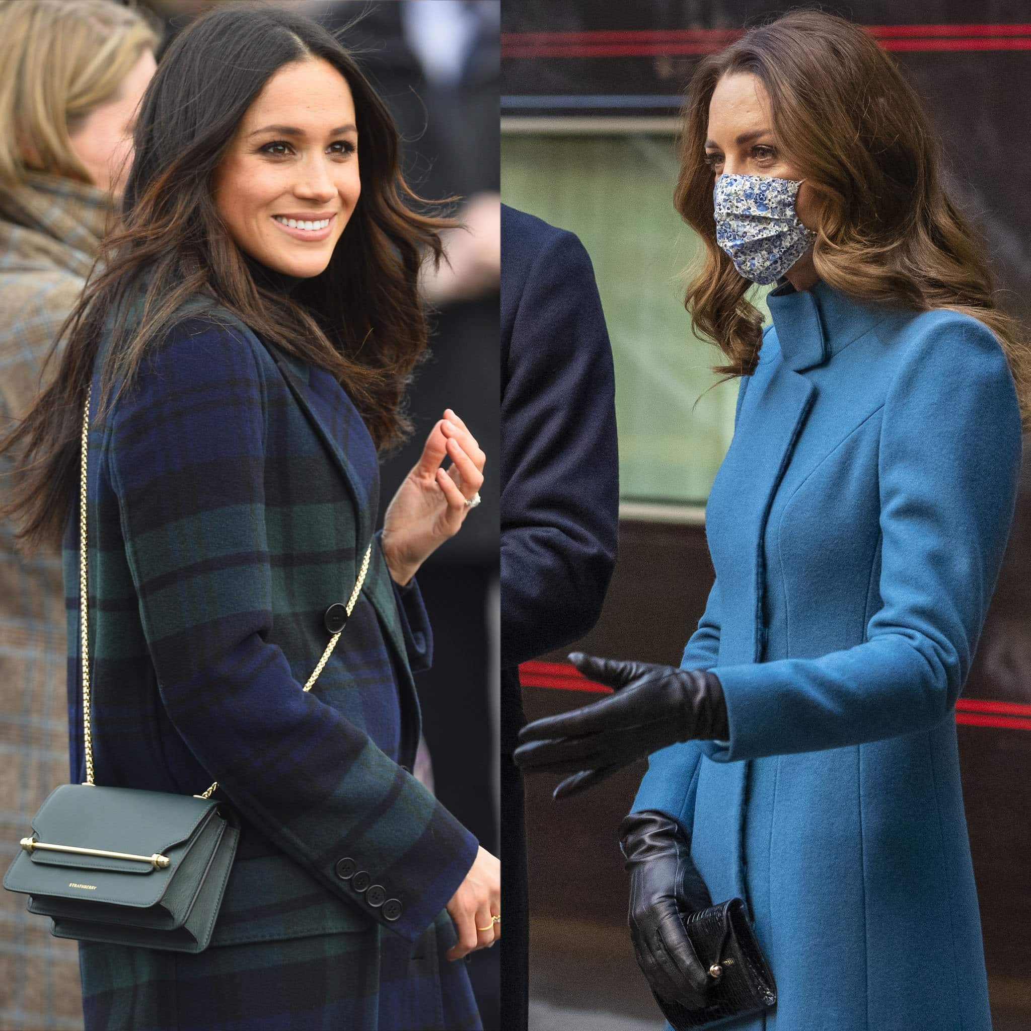 Meghan Markle, Duchess of Sussex, carries the East/West Mini bag, while Kate Middleton, Duchess of Cambridge, holds her Multrees Chain wallet